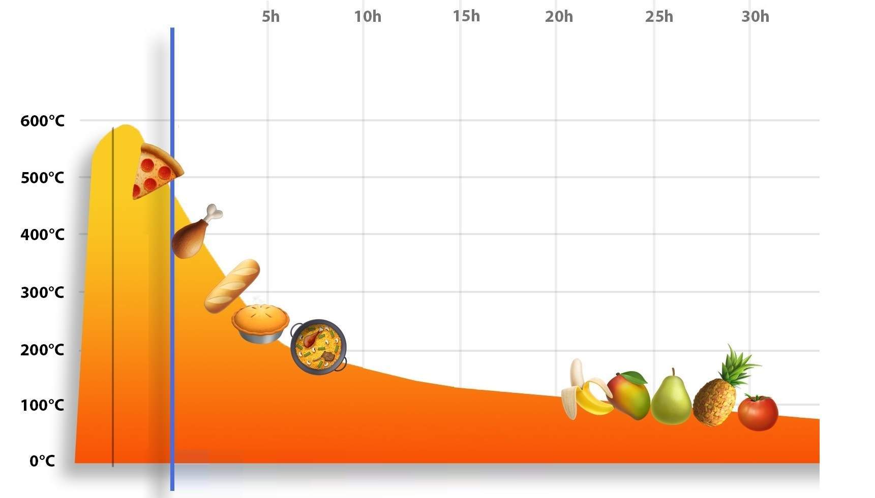 Esquema de curva de calor de un horno de le&ntilde;a